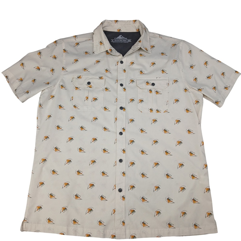 Croft & Barrow Mens Large Quick Dry Fishing Shirt Gone Fishin Fly Lure Print Tan